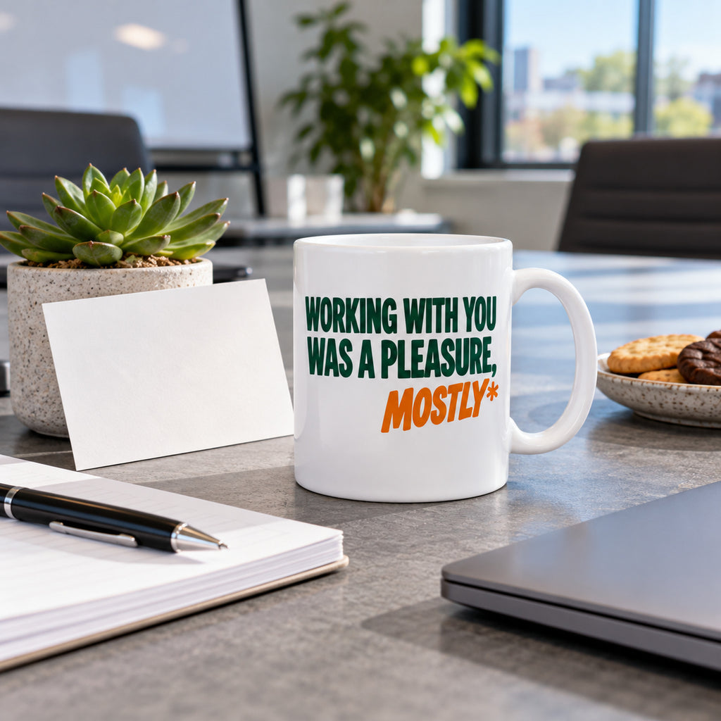 White mug with big stacked deep green capitals and orange italic text reading Working With You Was A Pleasure, Mostly, lifestyle photo 2