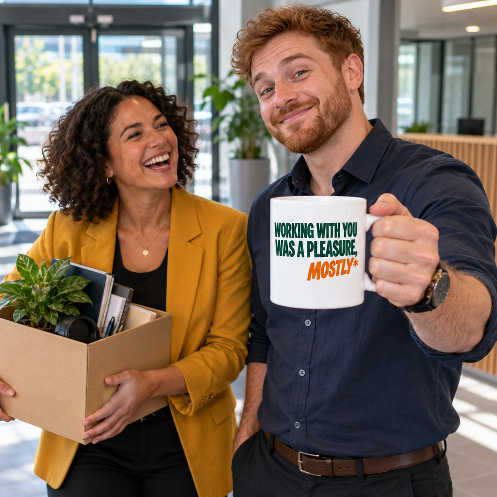 White mug with big stacked deep green capitals and orange italic text reading Working With You Was A Pleasure, Mostly, lifestyle photo 3