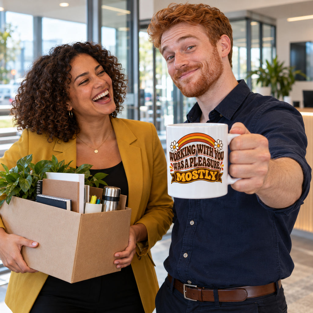 White mug with wavy brown lettering, rainbow arcs, daisies and a banner reading Working With You Was A Pleasure, Mostly, lifestyle photo 3