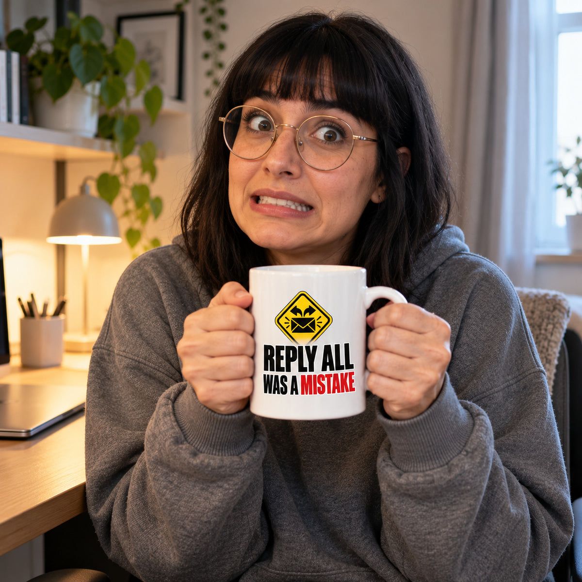 White mug with a yellow warning sign, black envelope and bold black and red text reading Reply All Was A Mistake, lifestyle photo 1