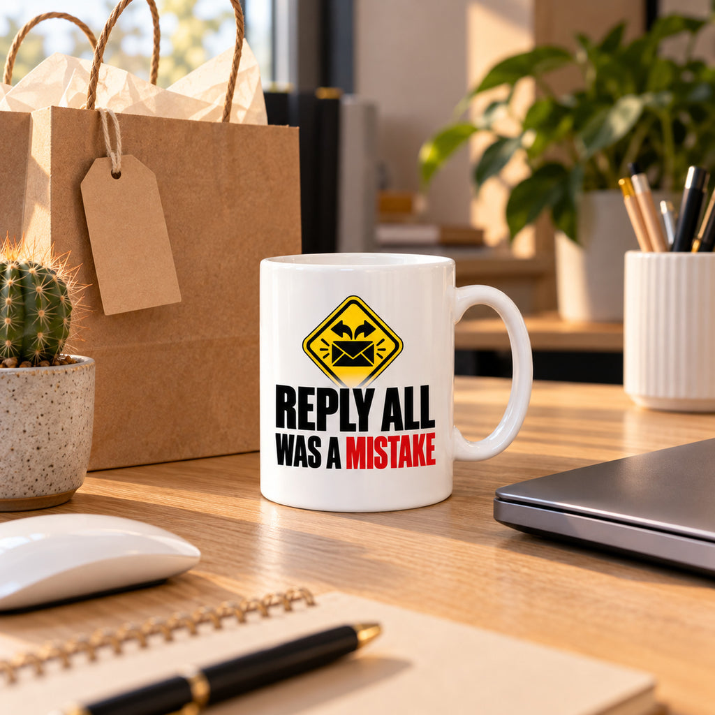 White mug with a yellow warning sign, black envelope and bold black and red text reading Reply All Was A Mistake, lifestyle photo 2