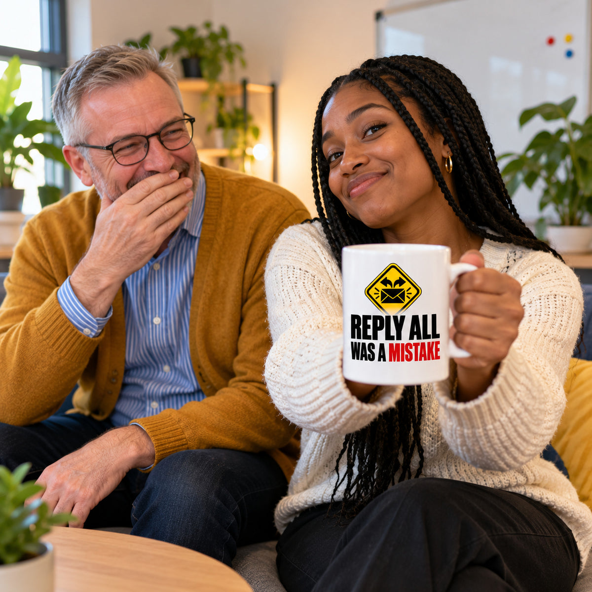 White mug with a yellow warning sign, black envelope and bold black and red text reading Reply All Was A Mistake, lifestyle photo 3