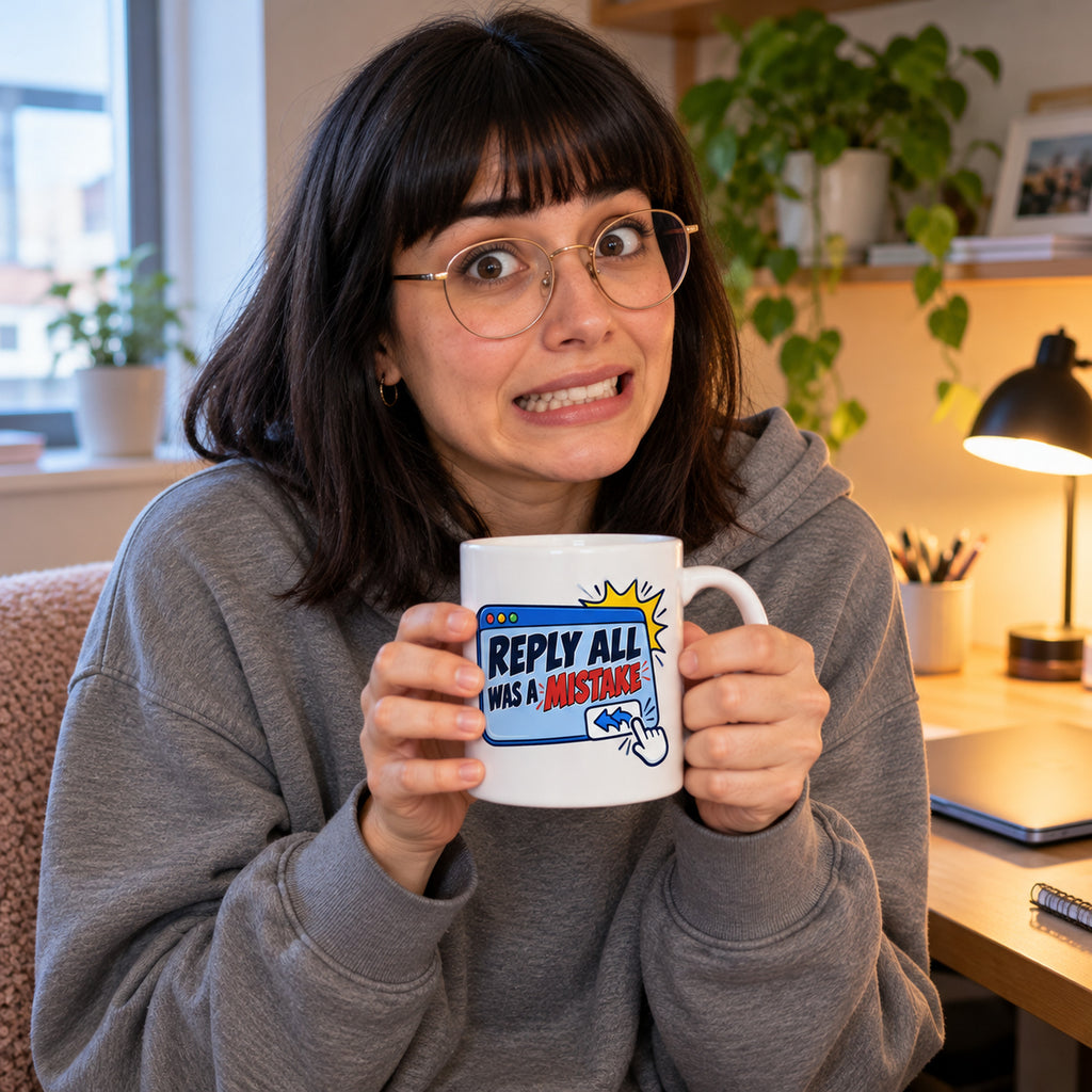 White mug with a blue cartoon email window, starburst and clicking hand reading Reply All Was A Mistake, lifestyle photo 1