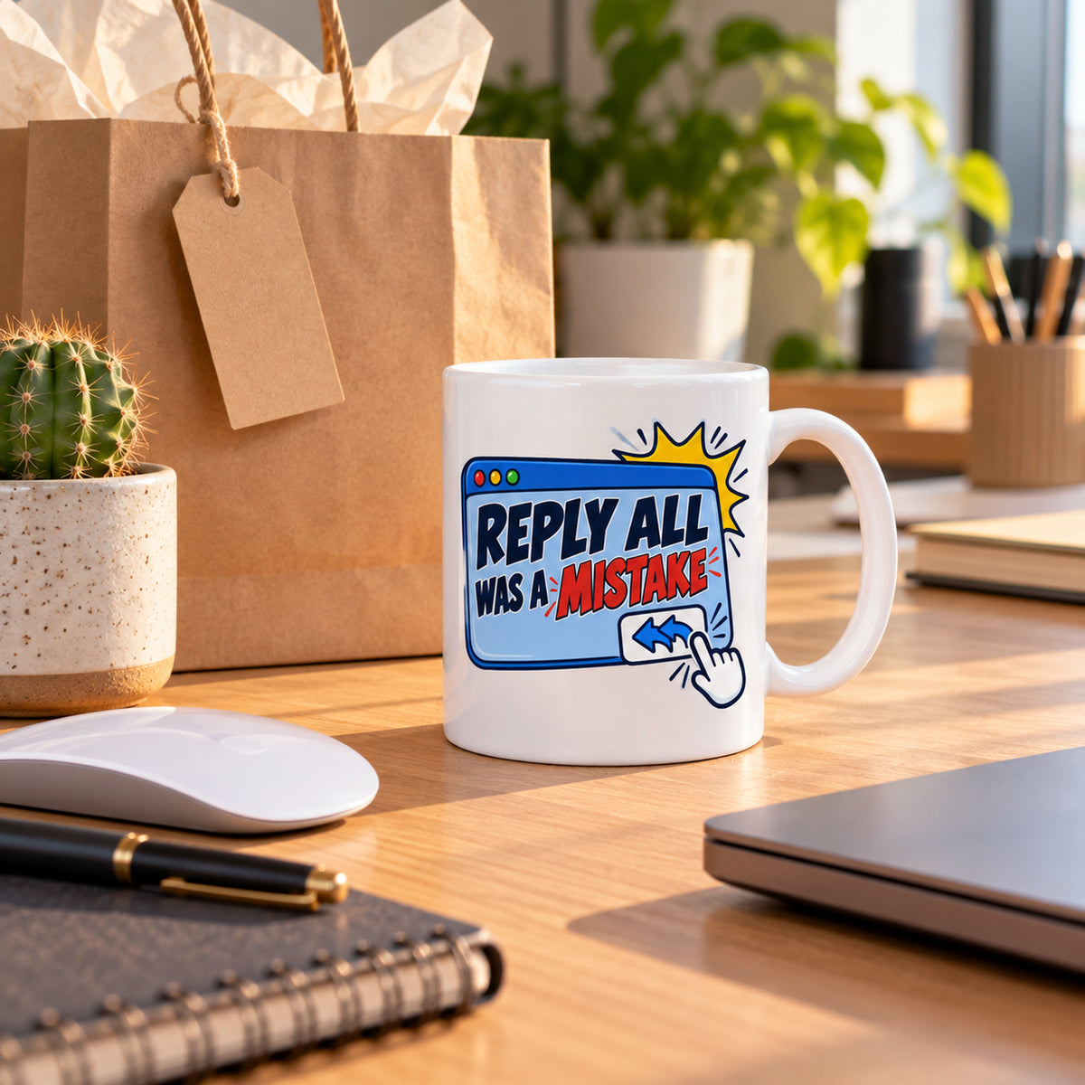 White mug with a blue cartoon email window, starburst and clicking hand reading Reply All Was A Mistake, lifestyle photo 2
