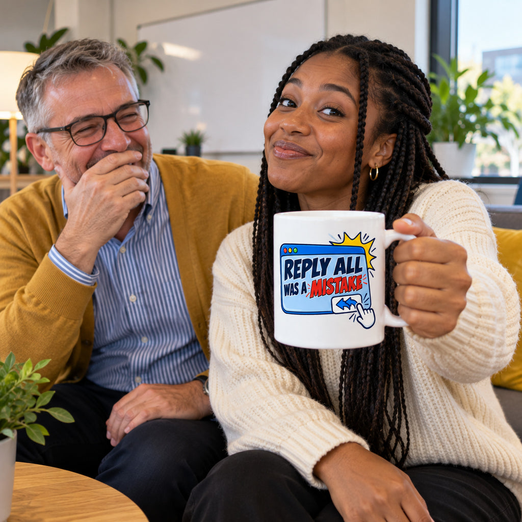 White mug with a blue cartoon email window, starburst and clicking hand reading Reply All Was A Mistake, lifestyle photo 3