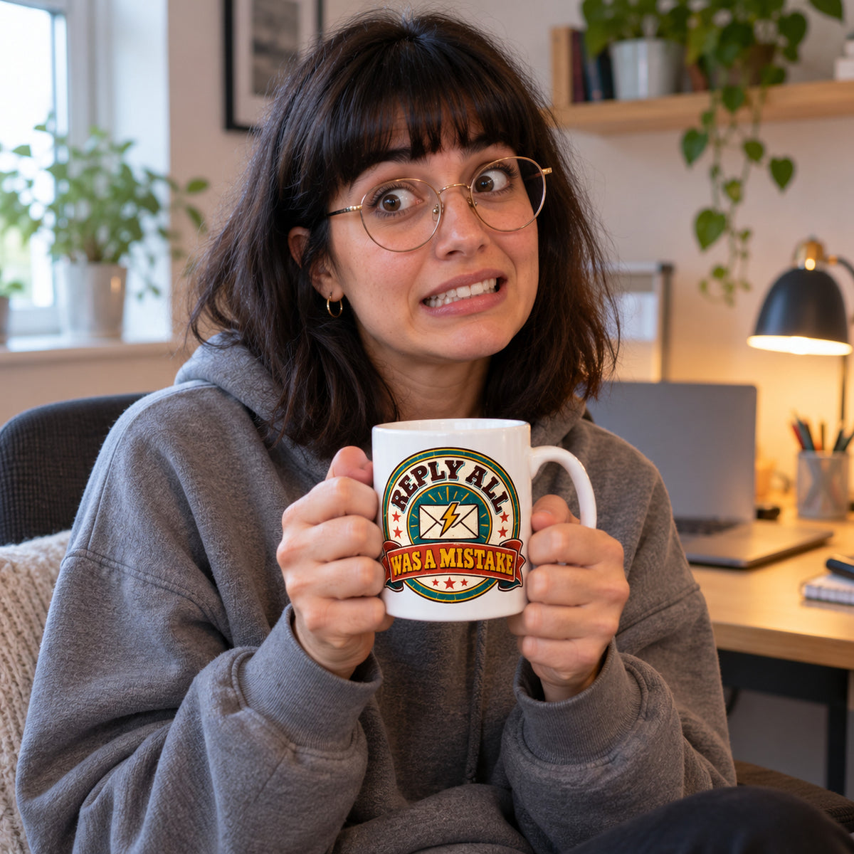 White mug with a round retro badge, lightning envelope and rust ribbon reading Reply All Was A Mistake, lifestyle photo 1