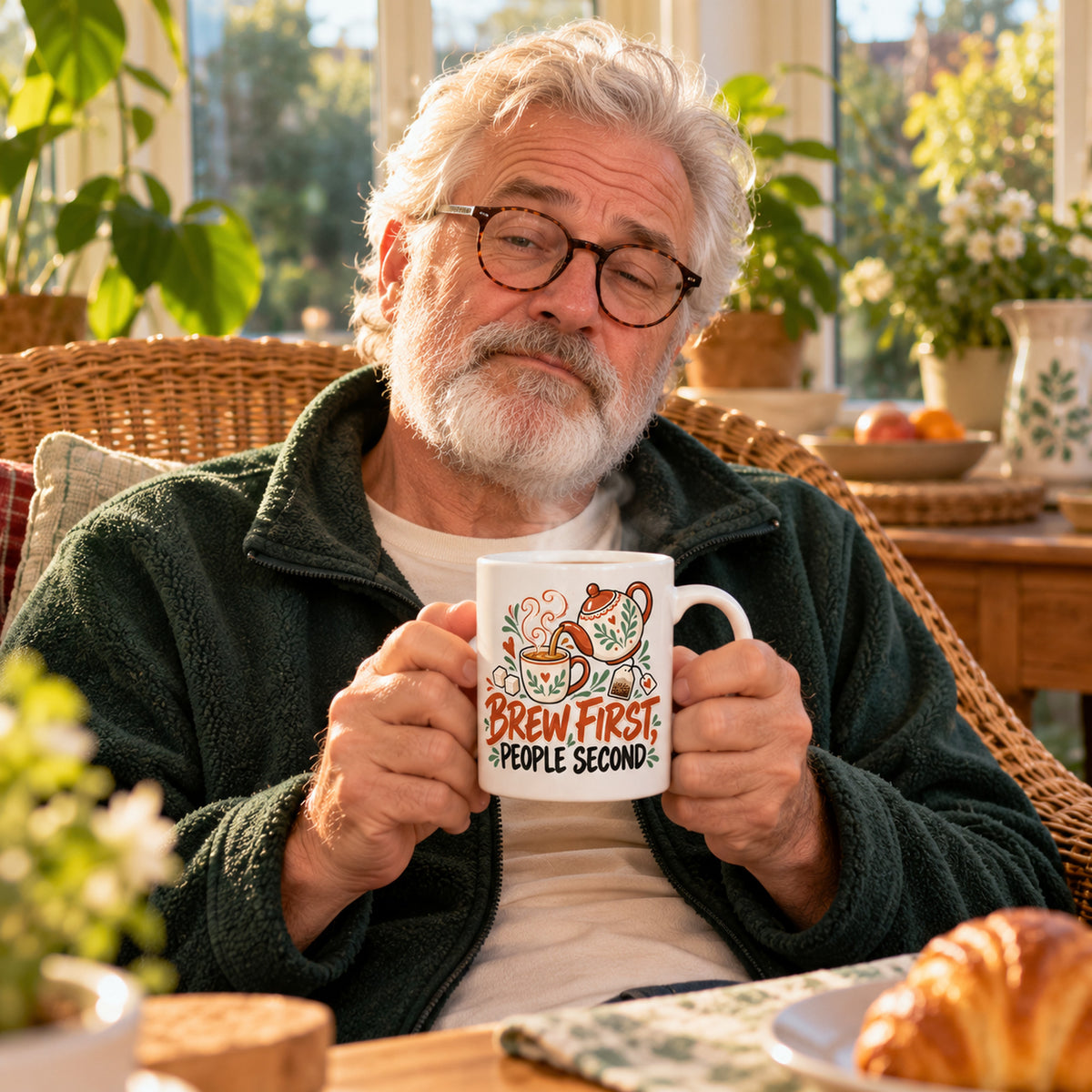 White mug with a teapot, cup, sugar cubes and terracotta and charcoal lettering reading Brew First, People Second, lifestyle photo 1
