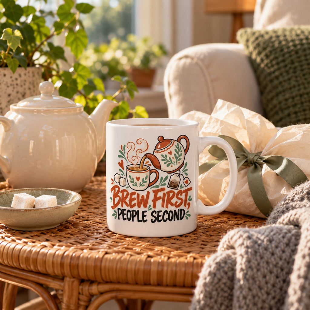 White mug with a teapot, cup, sugar cubes and terracotta and charcoal lettering reading Brew First, People Second, lifestyle photo 2