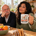 White mug with a teapot, cup, sugar cubes and terracotta and charcoal lettering reading Brew First, People Second, lifestyle photo 3
