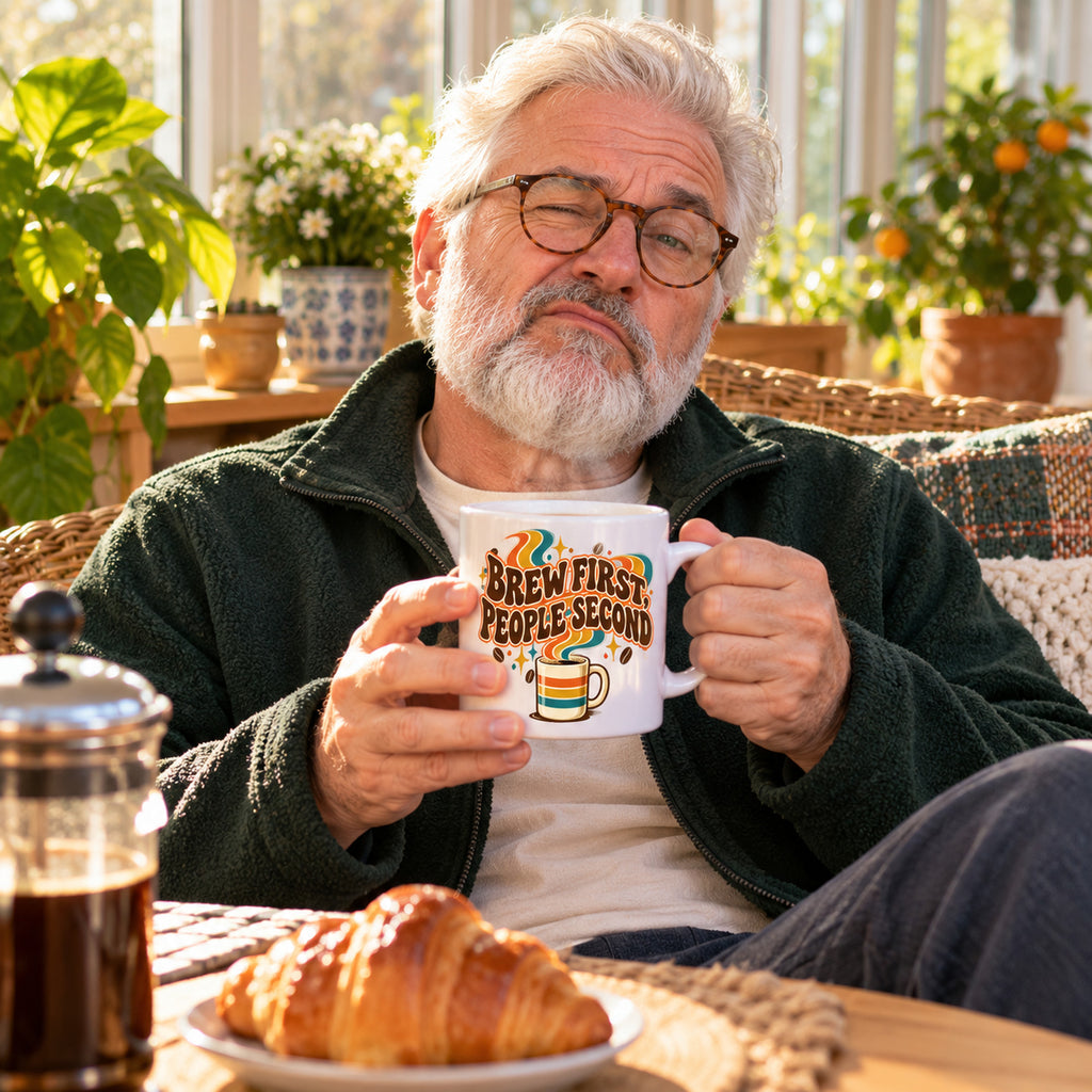 White mug with a retro striped cup, wavy orange, mustard and teal ribbons and brown groovy lettering reading Brew First, People Second, lifestyle photo 1