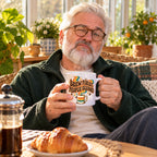 White mug with a retro striped cup, wavy orange, mustard and teal ribbons and brown groovy lettering reading Brew First, People Second, lifestyle photo 1