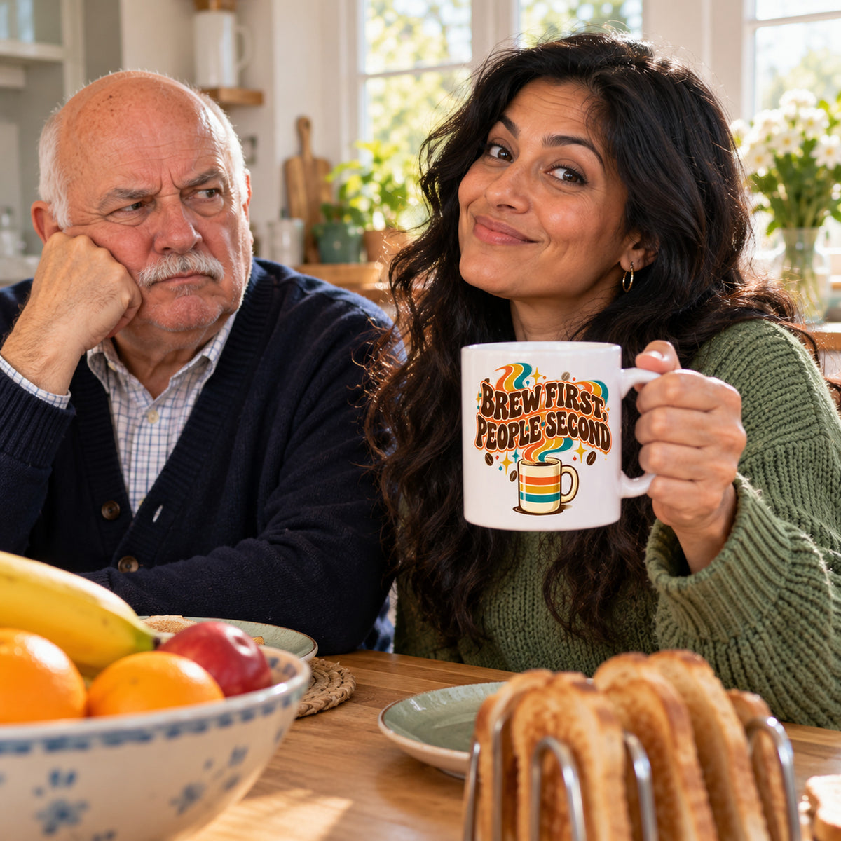 White mug with a retro striped cup, wavy orange, mustard and teal ribbons and brown groovy lettering reading Brew First, People Second, lifestyle photo 3