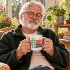 White mug with a grumpy mint cup character and coral and brown lettering reading Brew First, People Second, lifestyle photo 1