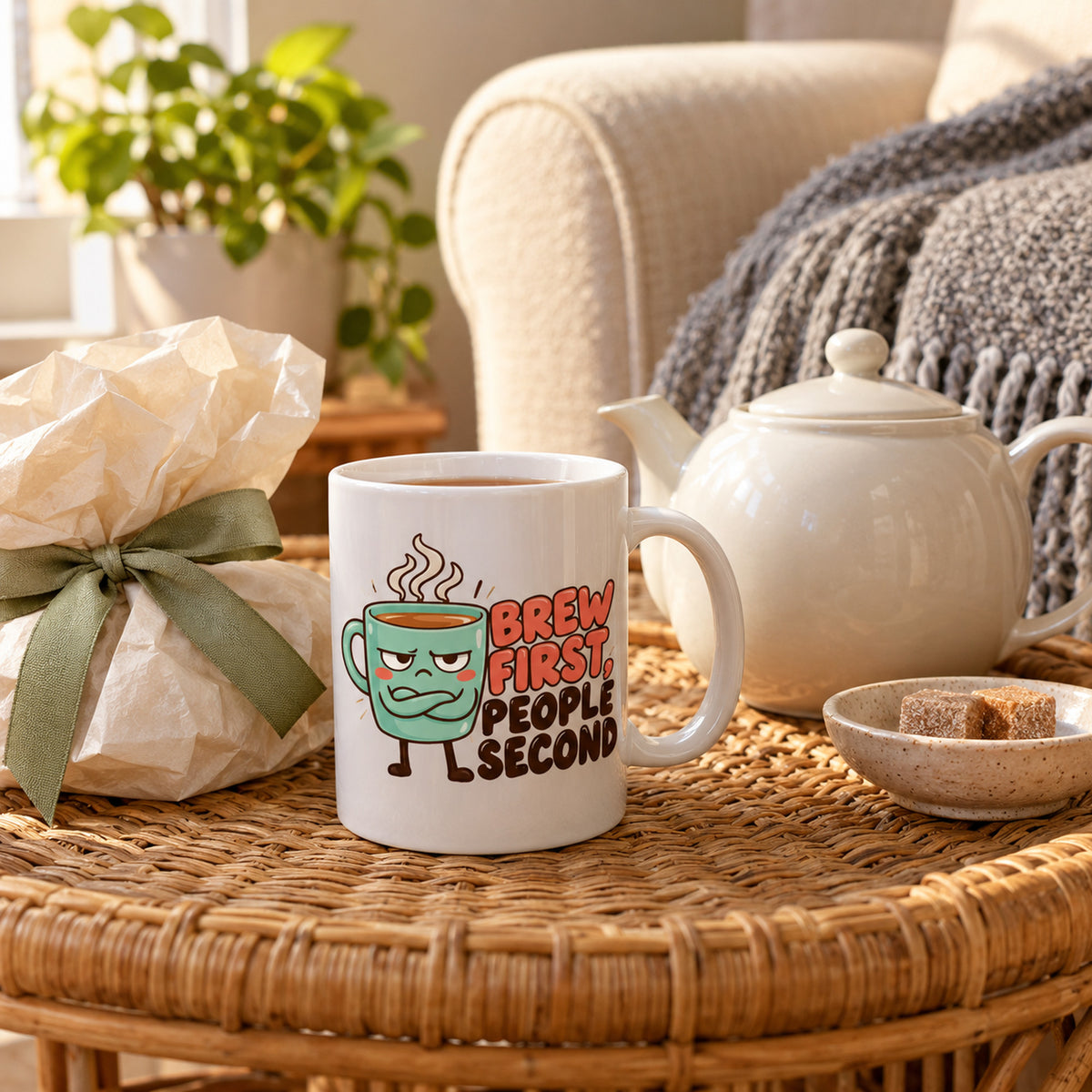 White mug with a grumpy mint cup character and coral and brown lettering reading Brew First, People Second, lifestyle photo 2