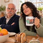 White mug with a grumpy mint cup character and coral and brown lettering reading Brew First, People Second, lifestyle photo 3
