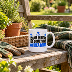 White mug with huge stacked black letters, blue question marks and blue last line reading I Came In Here For Something. No Idea What., lifestyle photo 2