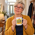 White mug with a yellow sticky note, red pin and navy marker text reading I Came In Here For Something. No Idea What., lifestyle photo 1