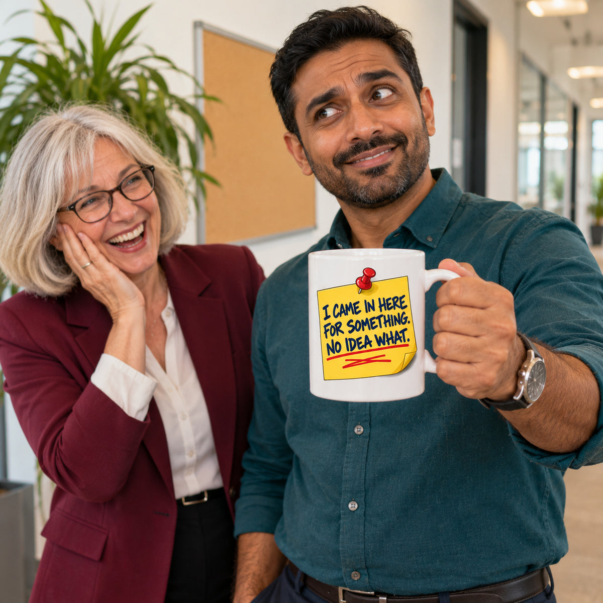 White mug with a yellow sticky note, red pin and navy marker text reading I Came In Here For Something. No Idea What., lifestyle photo 3