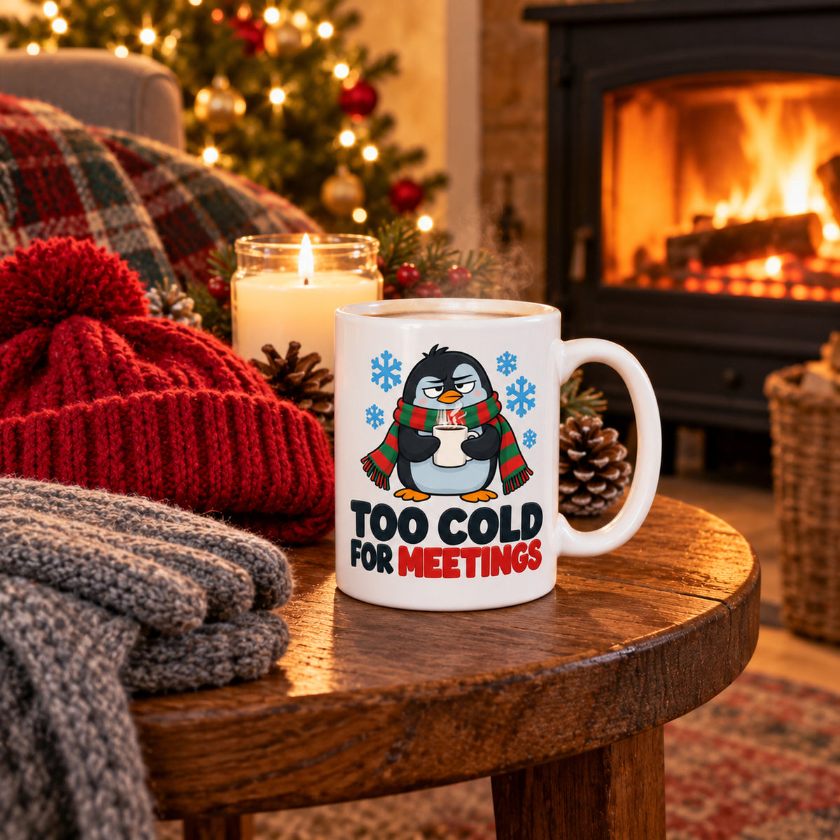 White mug with a grumpy cartoon penguin in a red and green scarf, blue snowflakes and black lettering reading Too Cold For Meetings with a red last word., lifestyle photo 2