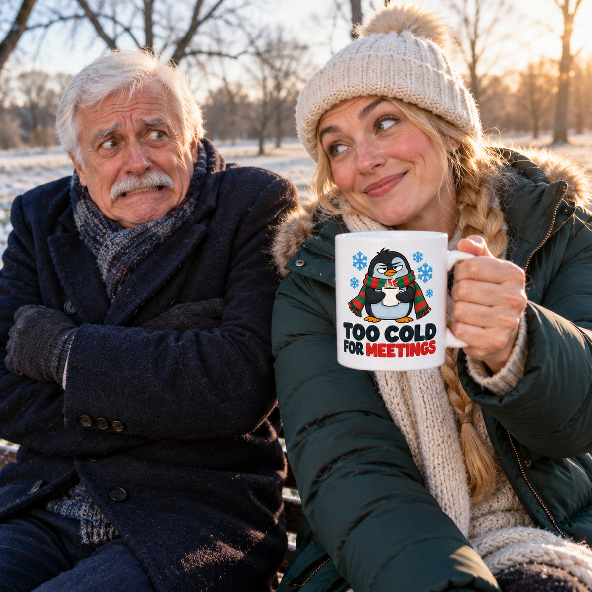 White mug with a grumpy cartoon penguin in a red and green scarf, blue snowflakes and black lettering reading Too Cold For Meetings with a red last word., lifestyle photo 3