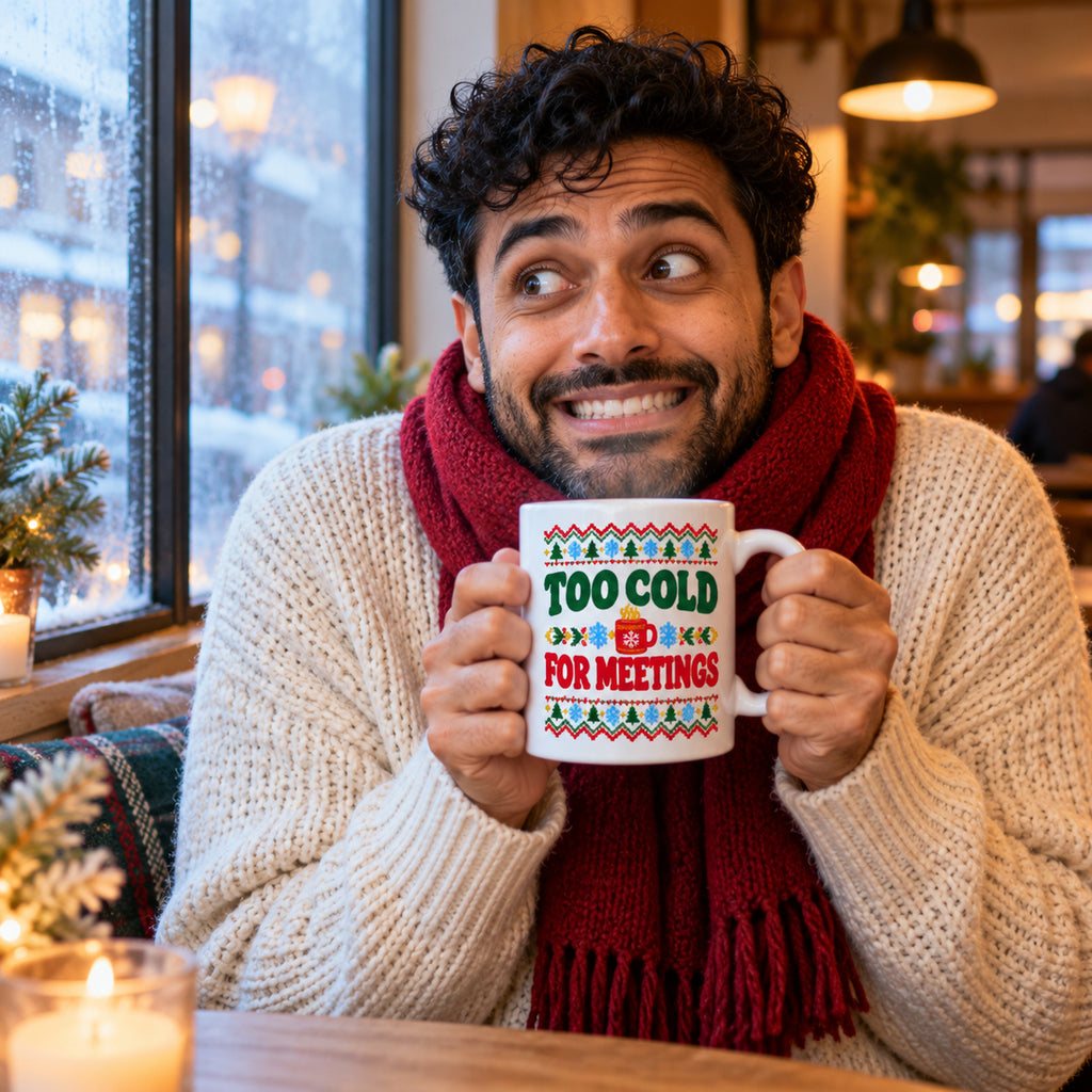White mug with a Nordic jumper pattern border, green and red lettering and a small red mug reading Too Cold For Meetings., lifestyle photo 1