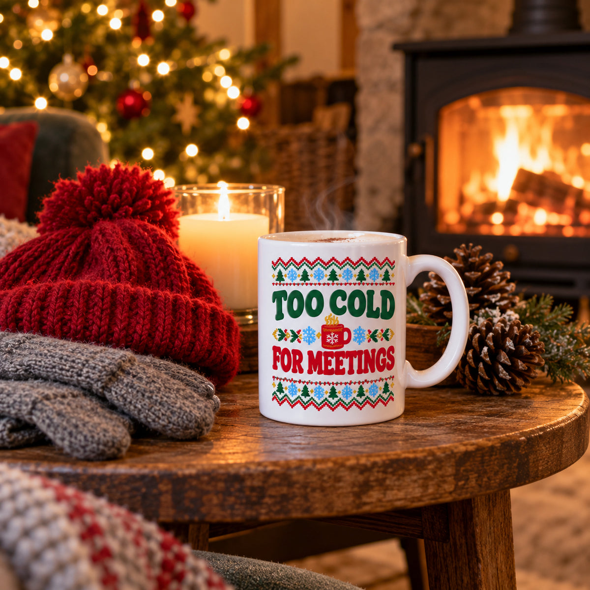 White mug with a Nordic jumper pattern border, green and red lettering and a small red mug reading Too Cold For Meetings., lifestyle photo 2
