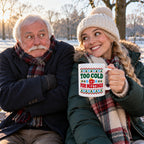 White mug with a Nordic jumper pattern border, green and red lettering and a small red mug reading Too Cold For Meetings., lifestyle photo 3