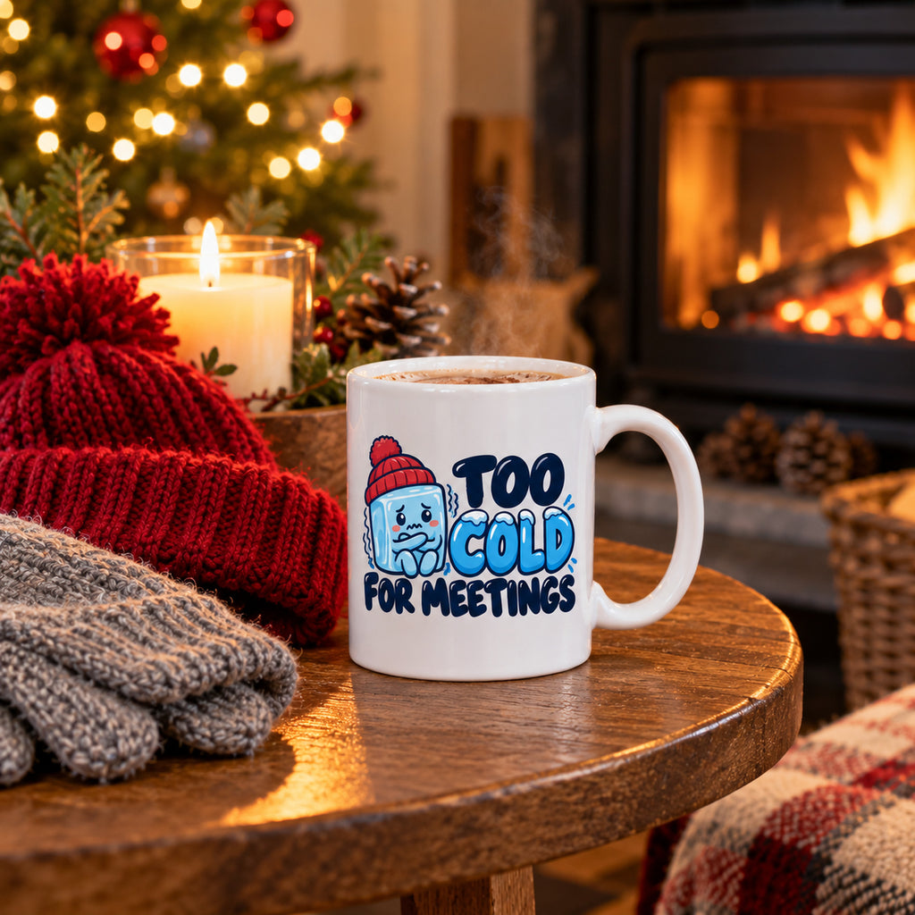 White mug with a shivering ice cube character in a red bobble hat and navy and blue lettering reading Too Cold For Meetings., lifestyle photo 2