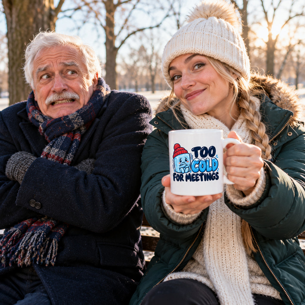 White mug with a shivering ice cube character in a red bobble hat and navy and blue lettering reading Too Cold For Meetings., lifestyle photo 3