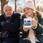 White mug with a shivering ice cube character in a red bobble hat and navy and blue lettering reading Too Cold For Meetings., lifestyle photo 3