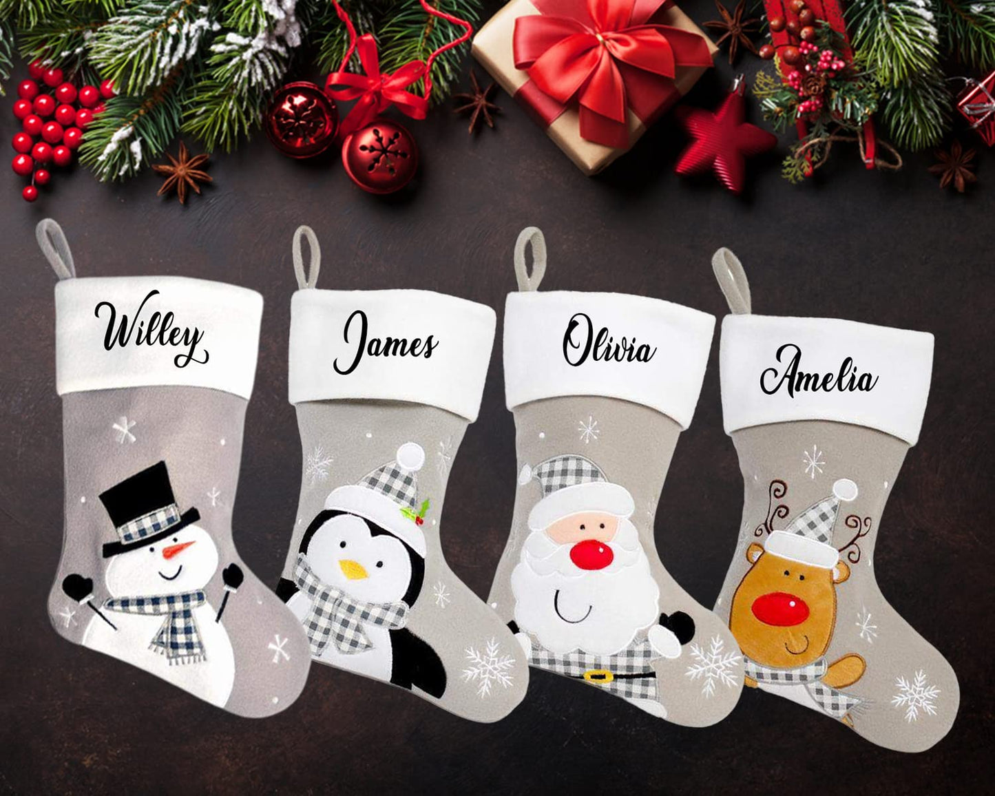 Personalised Kids Name Grey Xmas Custom Stocking