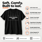 Black t-shirt features: soft cotton feel, classic unisex fit, crew neck