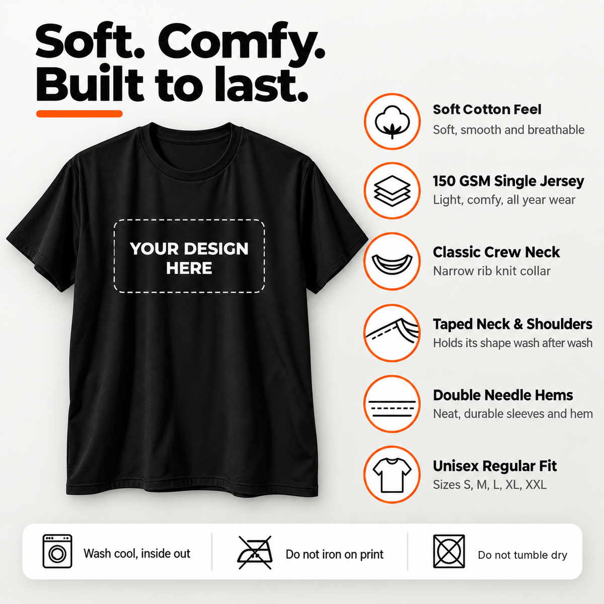 Black t-shirt features: soft cotton feel, classic unisex fit, crew neck