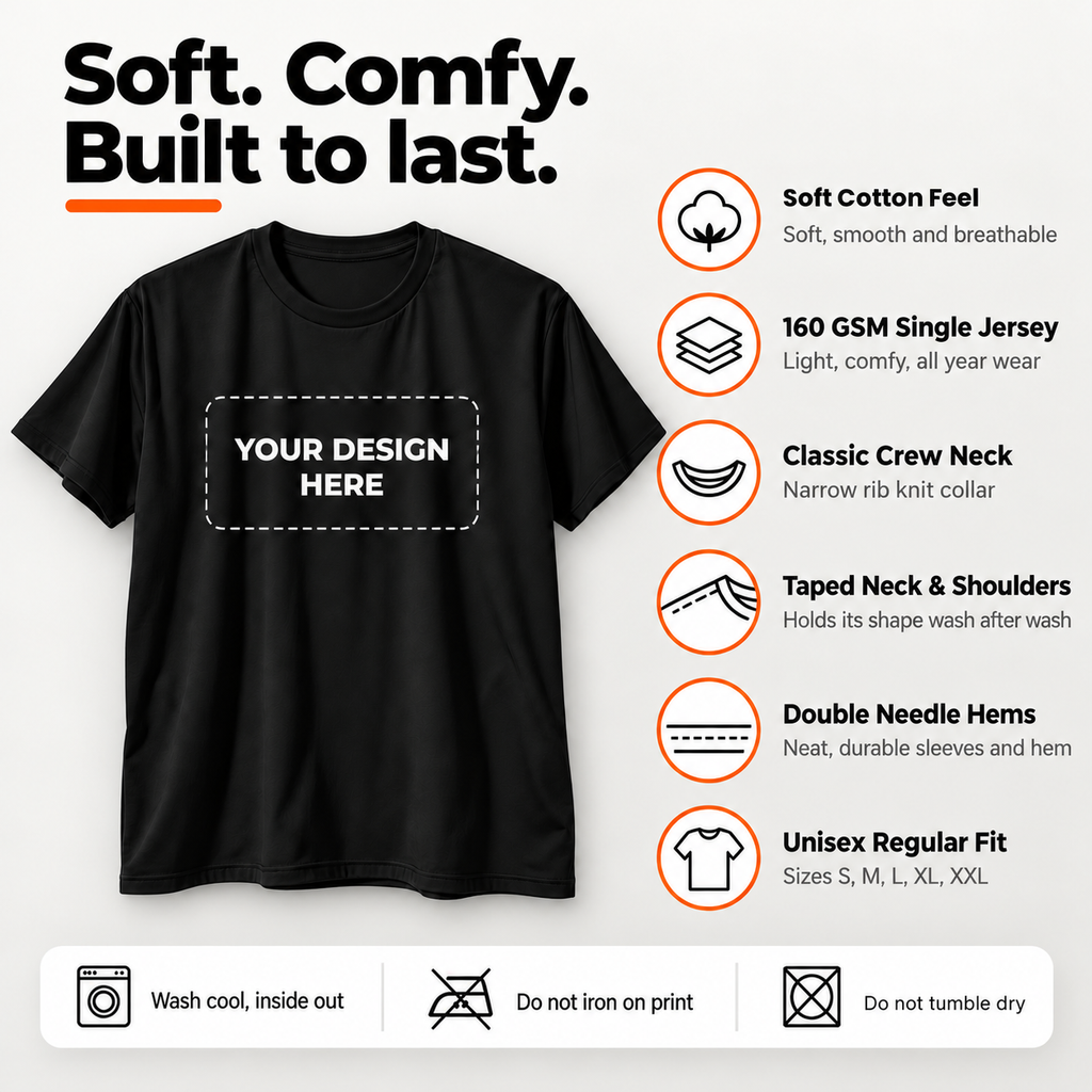 Black t-shirt features: soft cotton feel, classic unisex fit, crew neck
