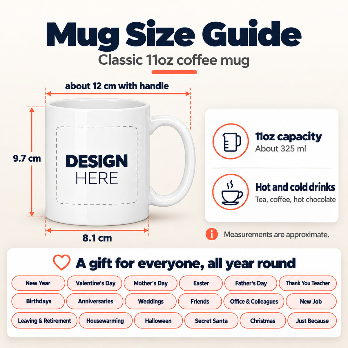Mug size guide: about 9.7 cm tall, 8.1 cm across, 11oz (about 325 ml)