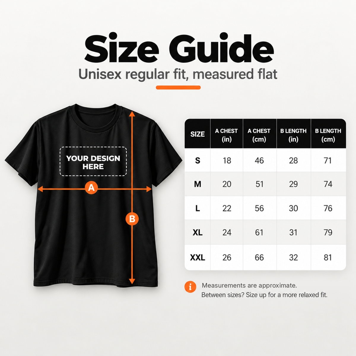 Black t-shirt size chart S to XXL, chest and length in inches