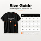 Black t-shirt size chart S to XXL, chest and length in inches