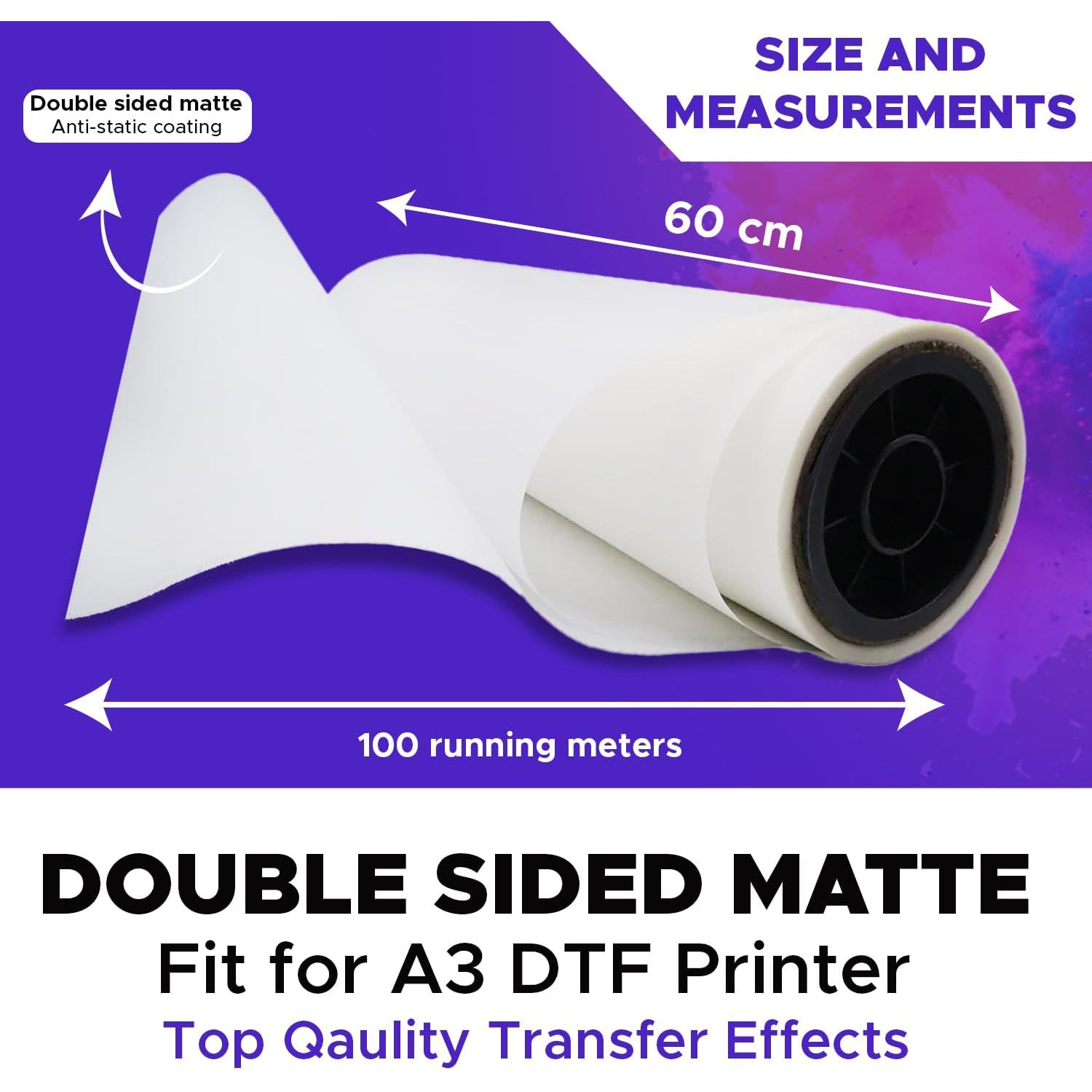 DTF Transfer Film Roll 60cm x 100m – Double Sided Matte PET Heat Transfer Paper for Inkjet Printers